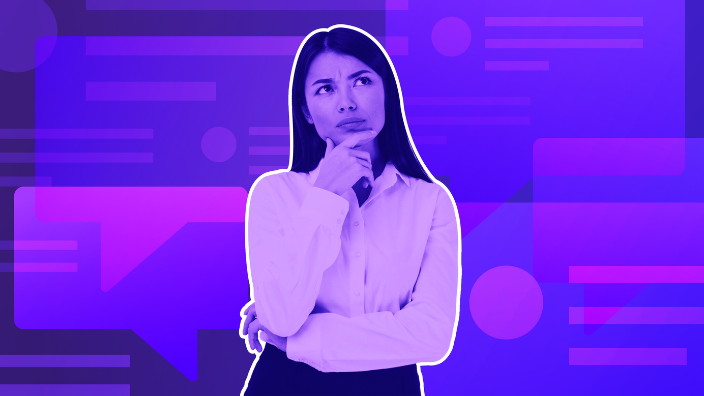 A business woman stands in front of numerous feedback bubbles, thinking & contemplating.