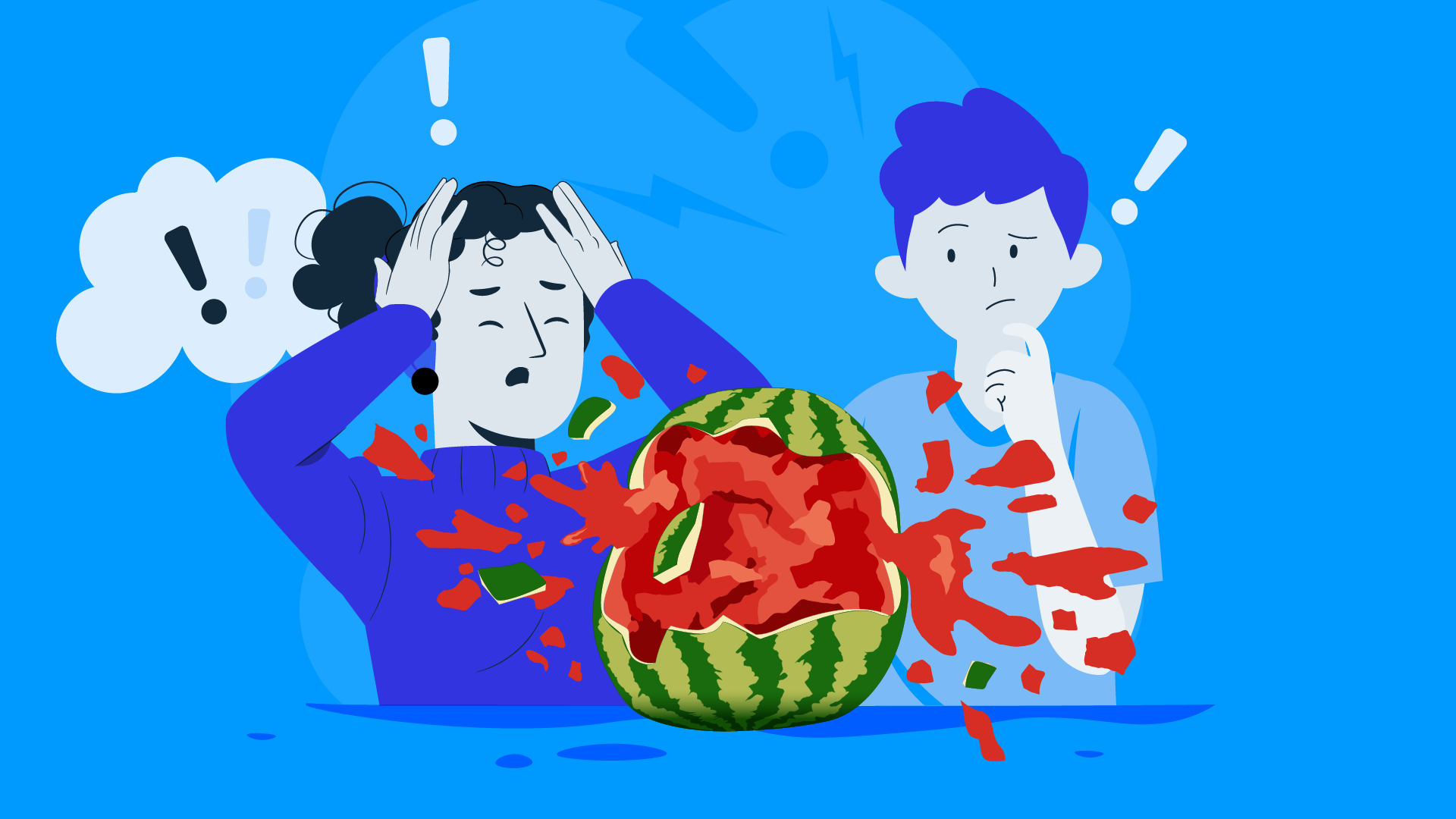 A watermelon is smashed open, showing the red inside. Two people look anxious and thoughtful.