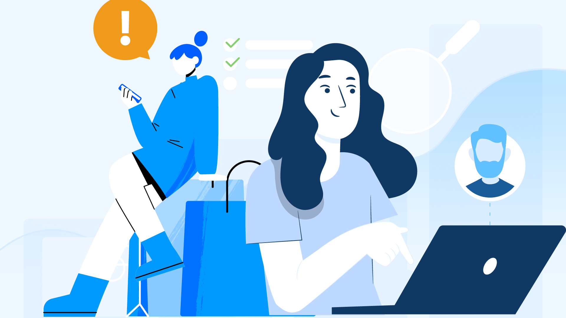 A graphic of two women working, one on her phone and the other on her laptop.