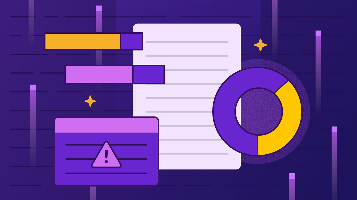 Abstract purple design with document, warning icon, and pie chart with yellow accents.
