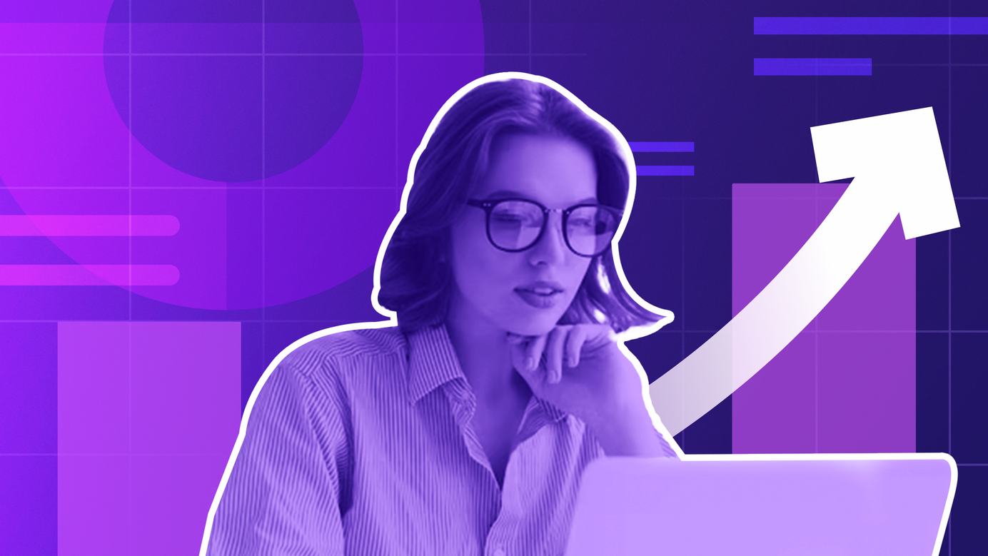 A woman on her laptop assessing marketing metrics. An arrow behind her is going up, indicating growth.