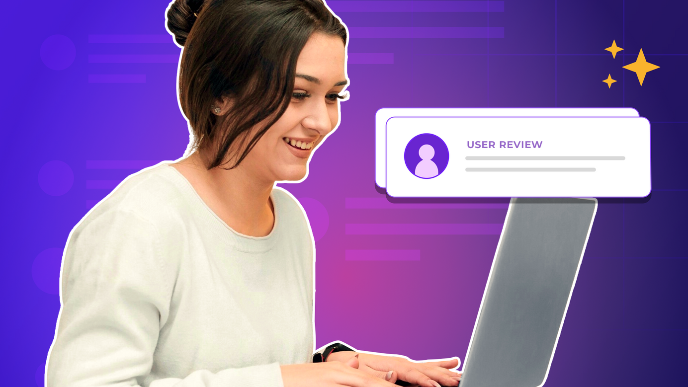 A woman on her laptop leaves a user review, a UI window showing this.
