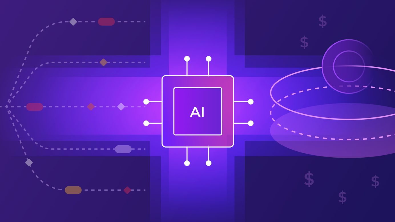 An AI chip floats in the middle being a divider between a visual of building vs. buying visual in the BG.