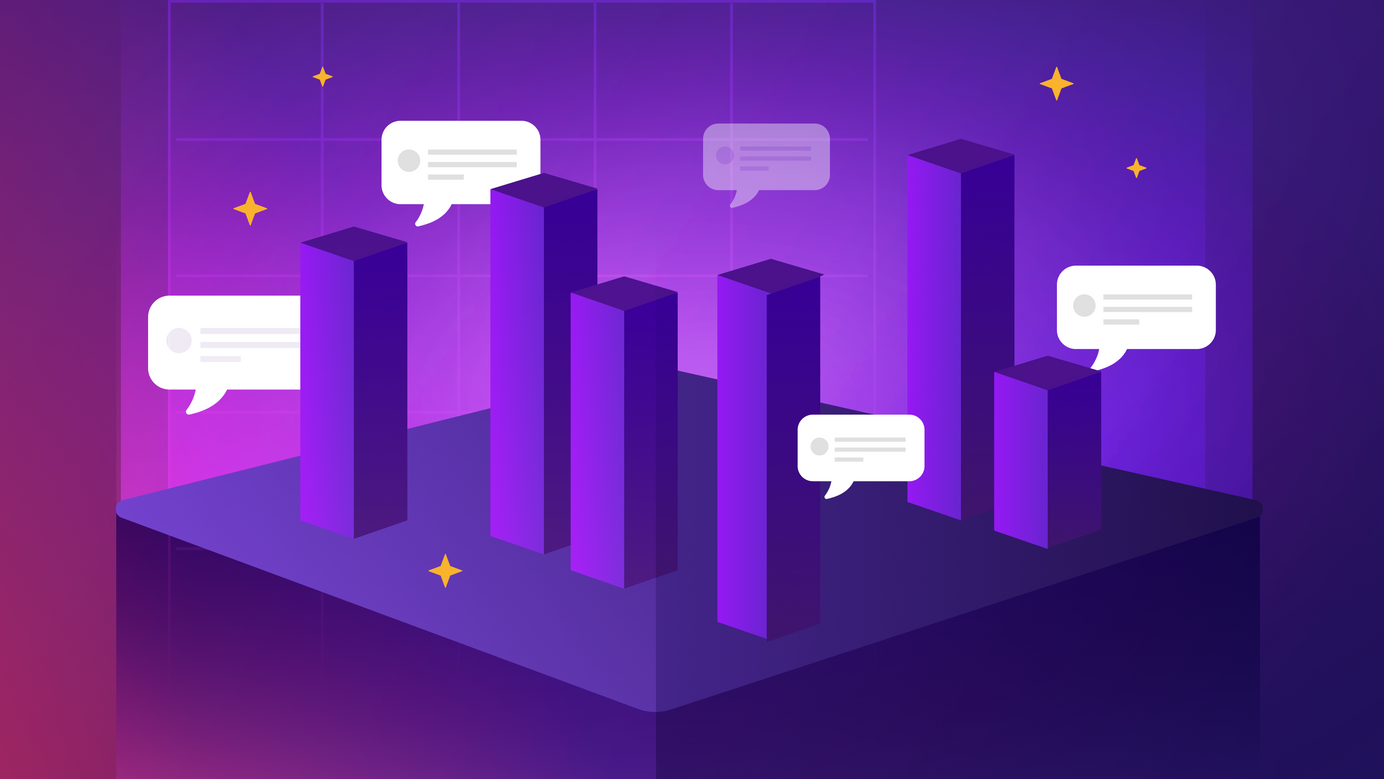 Bar graphs are growing out the ground, forming a city-like visual with speech bubbles floating in between them.
