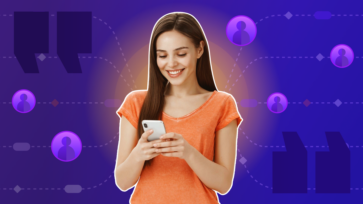 A woman (a user) is on her phone giving feedback. We also see UI in the background representing an organization.